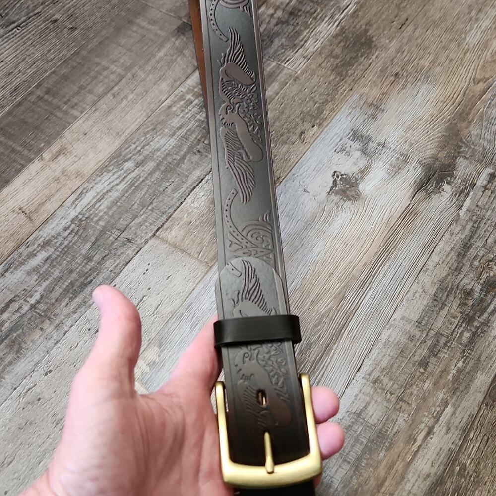 Wrangler Mens Brown Tooled Leather Belt 44/110 Eagle Brass Buckle Western Cowboy